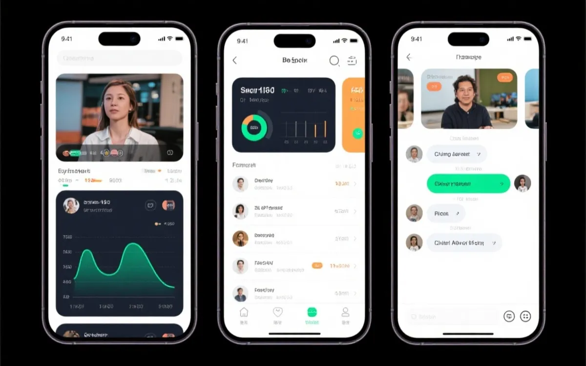 手机上同屏显示直播、实时数据面板与聊天室的界面构图
