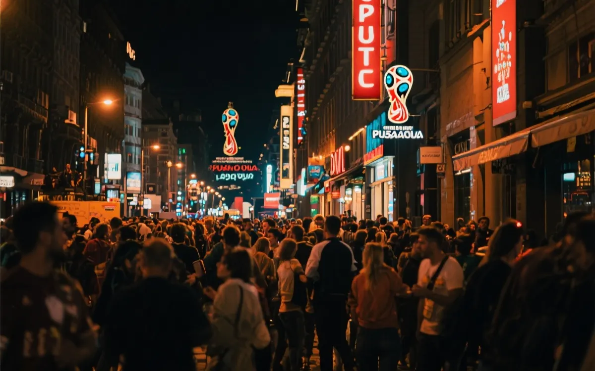 世界杯主办城市街头生活：夜晚街区、人群与灯光，纪录片质感