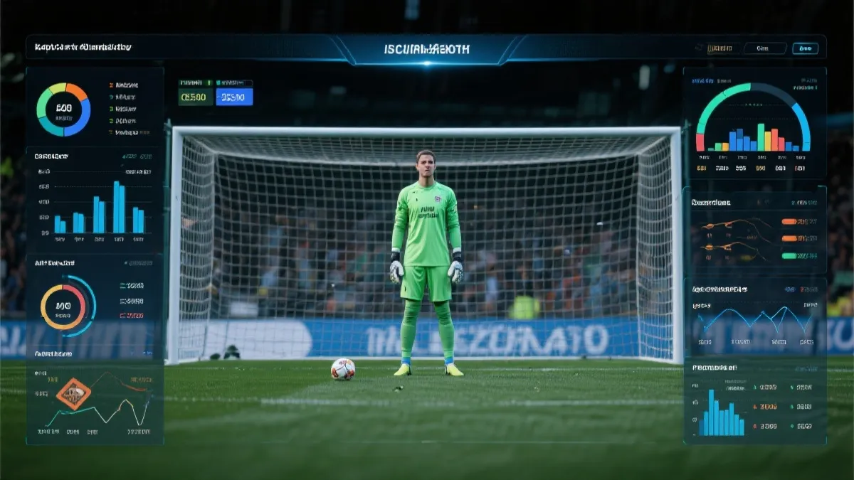 数据分析屏幕与门将比赛画面并置，体现球迷观感与模型评估的对照