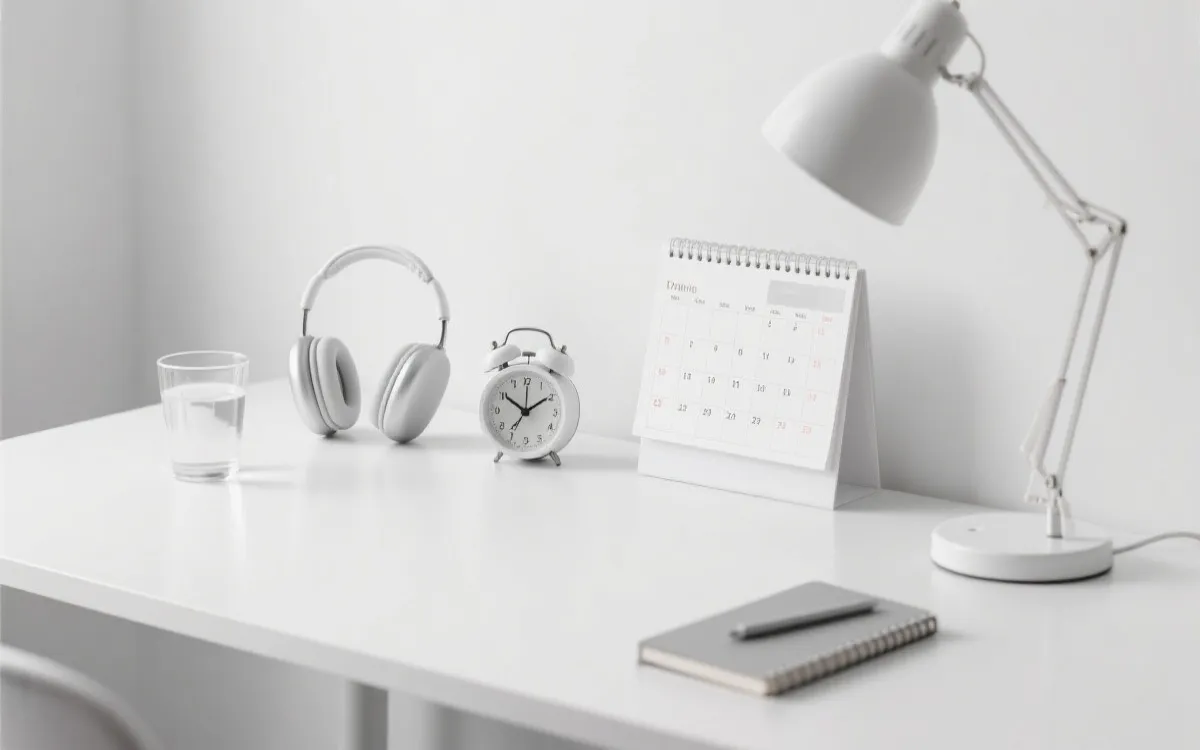 时间表风格的观赛作息规划，桌面有闹钟、日历、耳机和水杯，干净清晰
